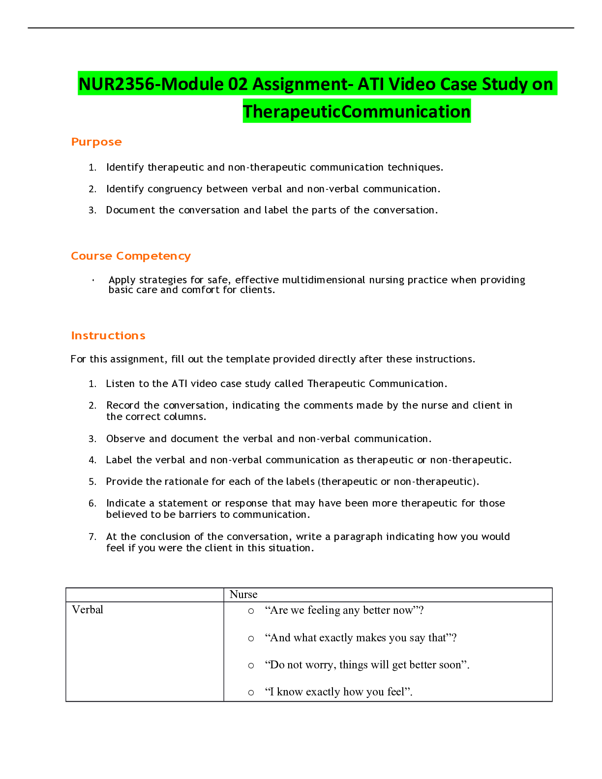 Preview of NUR2356-Module 02 Assignment- ATI Video Case Study on Therapeutic Communication
